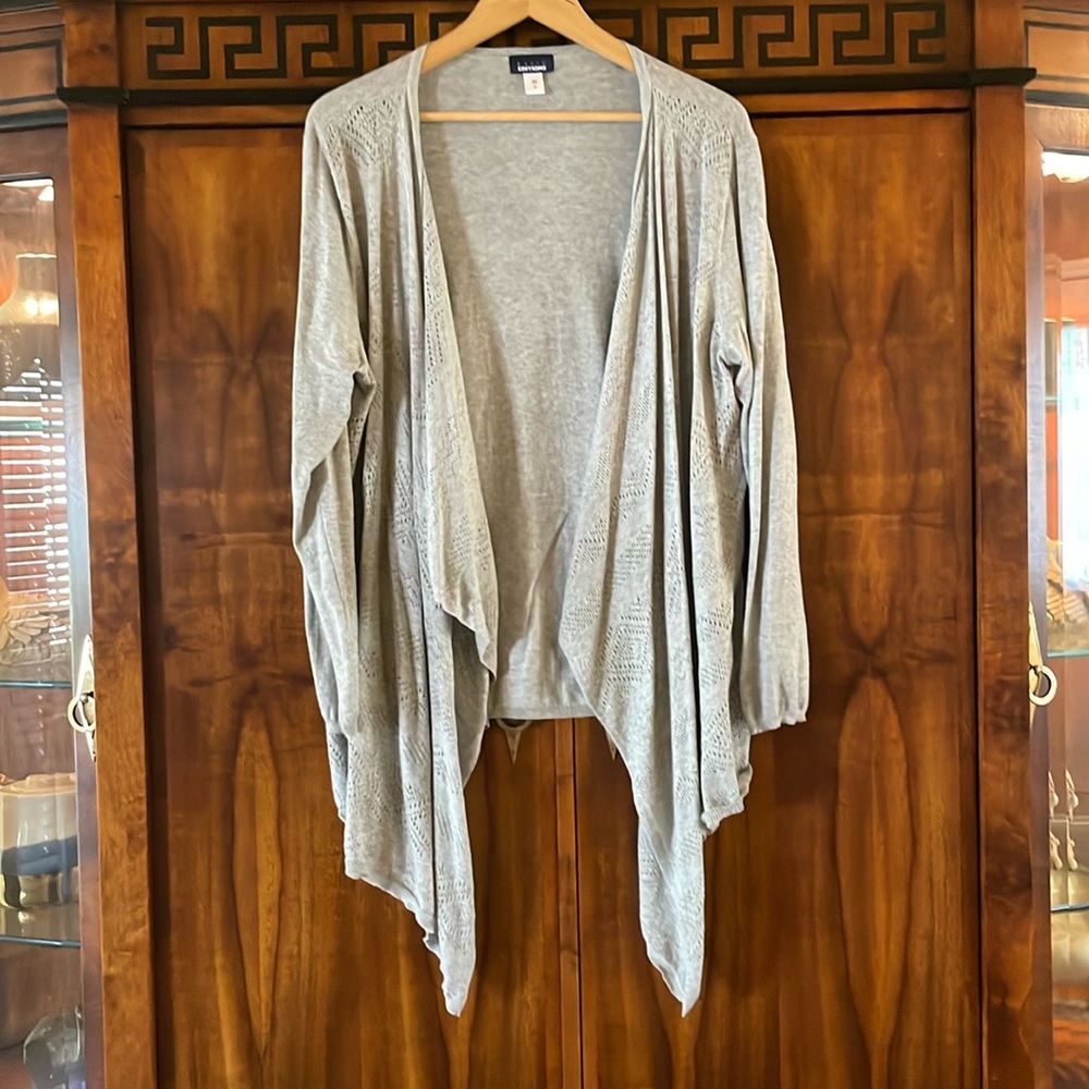 Basic Editions Womens Gray Cardigan XL Cotton Open Front Drapey Crochet Detail - Picture 6 of 9